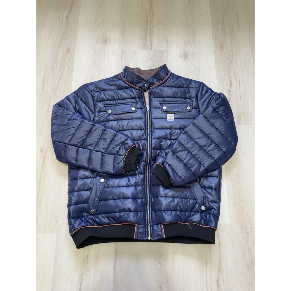 Freiheit Mens Puffer Jacket Navy Blue Quilted Full Zip Longhorn Logo Size XL